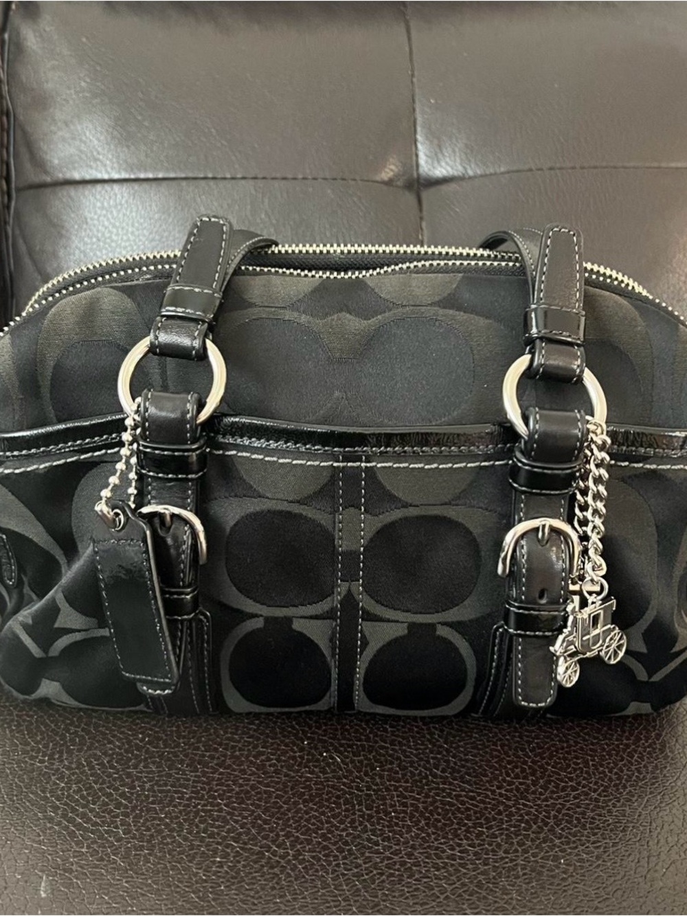 Coach Black Signature Canvas Shoulder Bag with Silver Hardware